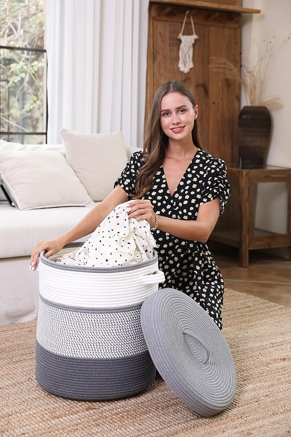 16" x 16" x 18" Extra Large Storage Basket with Lid, Cotton Rope Storage Baskets, Laundry Hamper, Cloth Bin, for Clothes Towels Blankets Pillows Storage in Living Room, White/Grey Mix/Dark Grey
