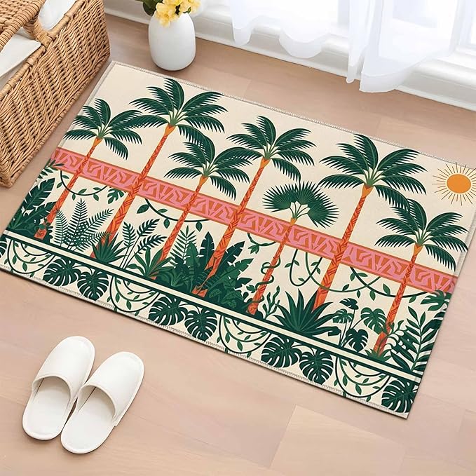 Area Rug 2x3ft, Vintage Sage Green Tall Palm Trees Washable Rugs for Living Room Bedroom, Summer Tropical Plants Soft Non-Slip Area Rugs Rectangle Floor Carpet for Dining Room