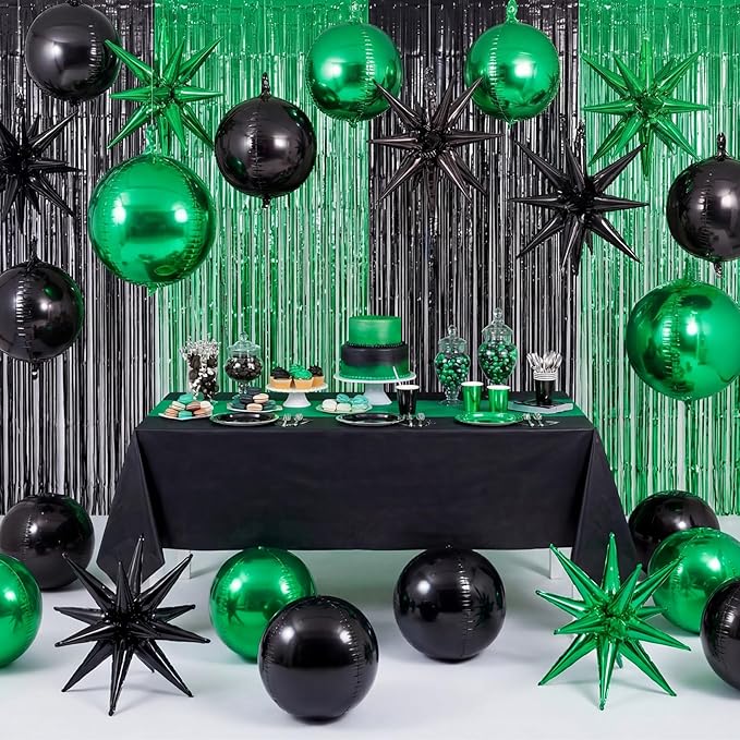 Seenelling 25 Pcs Green and Black Graduation Party Decorations 2026 Sets 22 Inch 4D Large Stars Balloons with Metallic Tinsel Foil Fringe Backdrop Curtains for Birthday Anniversary Wedding Decor
