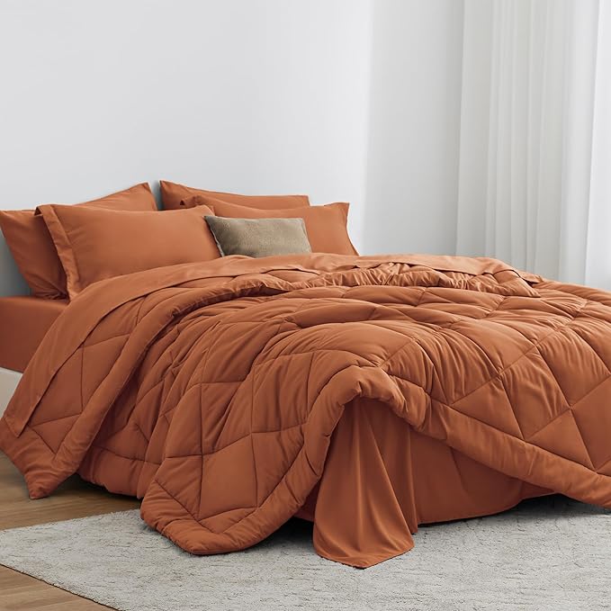 Love's cabin California King Comforter Set Terracotta, 7 Pieces California King Bed in a Bag, All Season Bedding Sets with 1 Comforter, 1 Flat Sheet, 1 Fitted Sheet, 2 Pillowcase and 2 Pillow Sham | Soft, Breathable, Lightweight, Comfortable