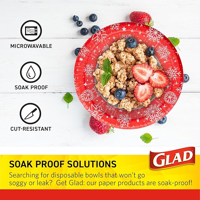 Glad Everyday Disposable Paper Bowls, Red Snowflake Holiday Design - Heavy Duty Soak-Proof Microwavable Paper Bowls - For Soups, Cereals, and Hot Foods, 12 Ounce, 20 Count