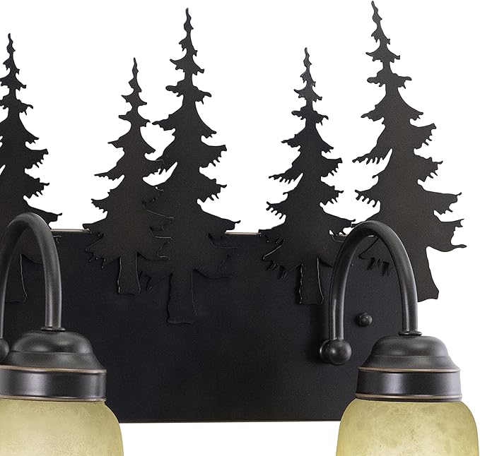 VAXCEL Yosemite 2-Light 16.75 inch Wide Burnished Bronze Rustic Cabin Bathroom Vanity Lighting Fixture, Amber Flake Glass Shade, Tree Motif, Dimmable, LED Compatible, Over the Mirror Wall Mounted