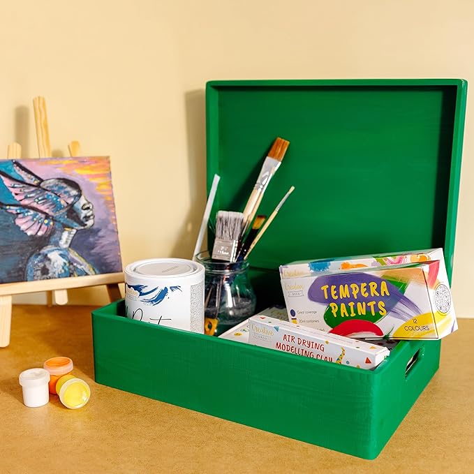 Creative Deco XL Green Wooden Box Storage with Hinged Lid | 15.8x11.8x5.5in (+-0.5) | Keepsake with Handles | Gift Box for Tool Dog Toy Kitchen Storage | Wood Chest Trunk