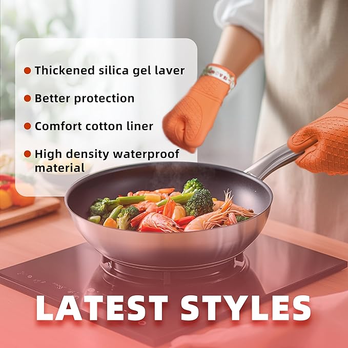 Pair of 2 Heat-Resistant Silicone Oven Mitts – Extra Long, Non-Slip Grip, Soft Cotton Lining, Perfect for Baking, Cooking & BBQ – 13” x 7” Kitchen Gloves (Pumpkin)