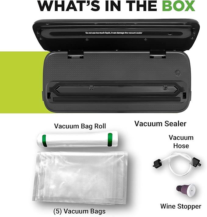 NutriChef Automatic Vacuum Sealer for Food | Electric Food Vacuum Sealing Machine with LED Controls | Strong Suction for Dry & Moist Foods | Includes Bags, Hose & Wine Stopper | Compact Size 14”x6"x3”