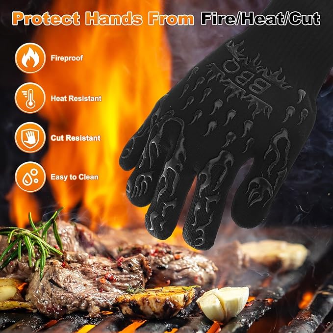 M METERXITY 1-Pair BBQ Gloves, 1472°F Heat Resistant Non-Slip Grilling Oven Gloves for Barbecue/Baking/Cooking [S Size, Black]