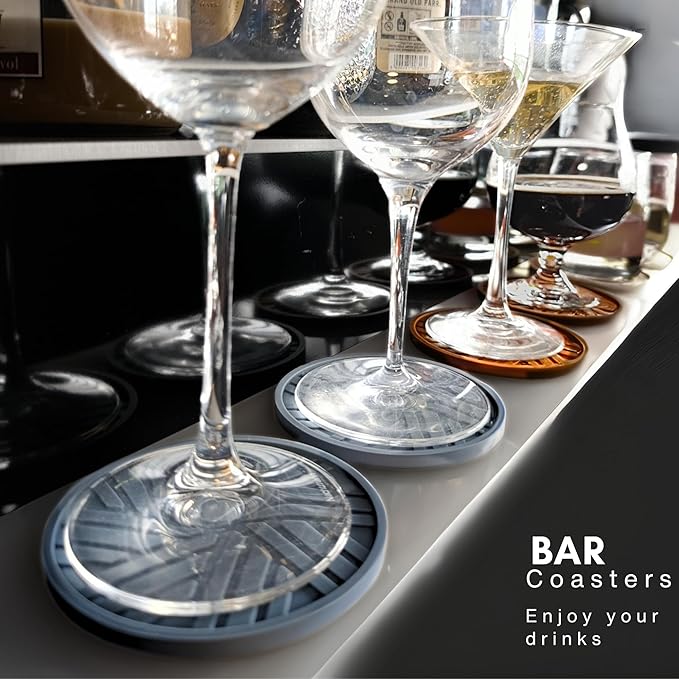 Silicone Coasters for Drinks -Set of 6 - with smart, Modern, Groove Patterns & Gold Holder - Protection Your Vintage Coffee Table from Condensation Cups, Home Office Decor