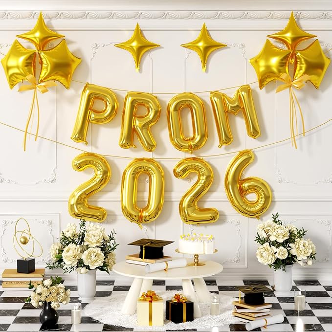 Prom 2026 Balloons Banner, 16 inch Gold letter Balloons Prom 2026 Sign Decoration with Gold Star Balloon for Class of 2026 Congrats Grad Party Birthday Retirement High School Graduation Party Supplies