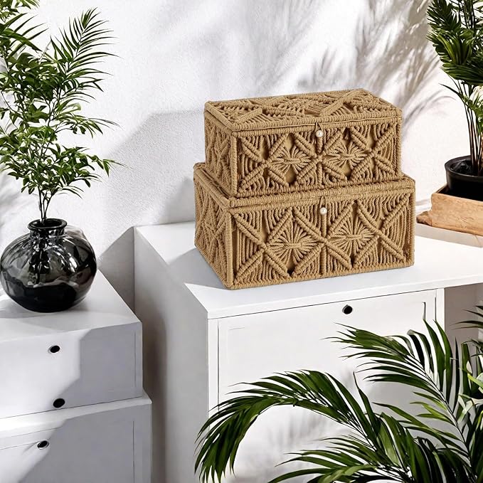 2PCS Decorative Boho Storage Baskets with Lid Bohemian Macrame Jewelry Box Handmade Natural Cotton Rope Woven Bins Memory Keepsake Photo Makeup Organizer Container (Khaki, 1 Large 1 Small)