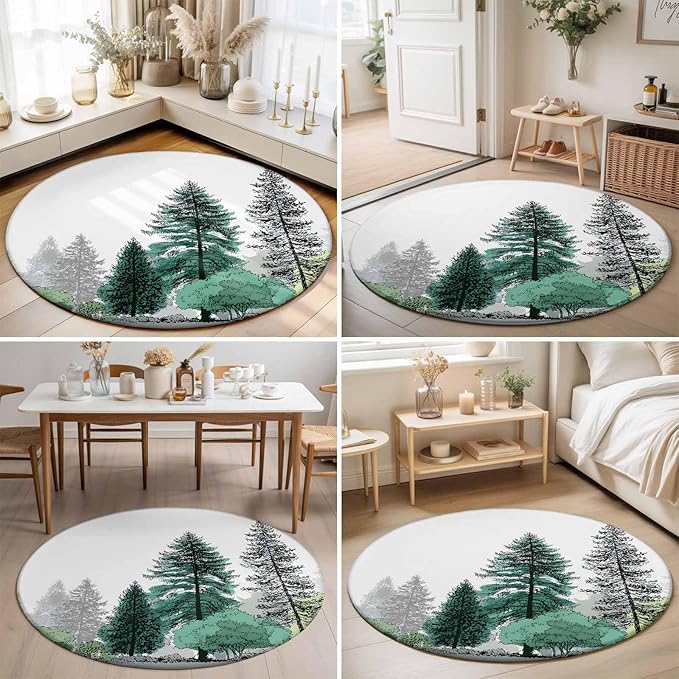 Washable Round Area Rug Minimalist Pine Tree Circle Rugs Floor Carpet for Living Room Bedroom, Farmhouse Watercolor Plants Soft Non Slip Round Rug 3ft