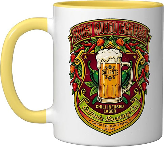 Spicy Fuego Cerveza Chili Texas Drinking Vintage Beer Label Ceramic Mug, Yellow/White