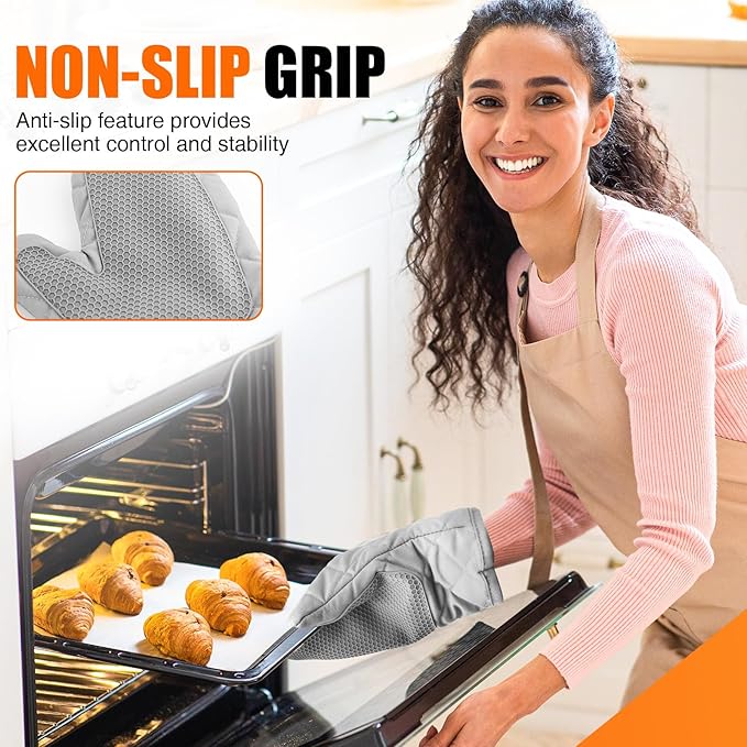 Silicone Oven Mitts, Heat Resistant 2PCS Oven Mitts with Soft Cotton Lining, Waterproof Non-Slip Grip Oven Glove, Kitchen Potholder Mits for BBQ, Baking, Cooking, 10.5Inch - Dark Grey