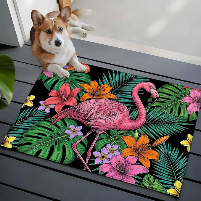Area Rug 2x3ft, Pink Flamingos Tropical Leaf Washable Rugs for Living Room Bedroom, Colorful Lily Blossom Floral Soft Non-Slip Area Rugs Rectangle Floor Carpet for Dining Room