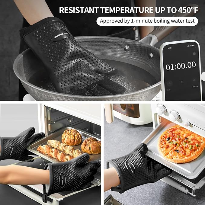 MAD SHARK Silicone Oven Mitts Heat Resistant 450°F,Waterproof & Non-Slip Oven Gloves with Fingers,Cotton Lined Silicone Oven Gloves Kitchen Mitts for Baking Cooking Barbecue,Women,Oven(Black)