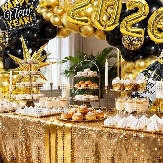 Happy New Years Decorations 2026 Eve Party Supplies with Black Gold Confetti Balloons New Year Banner Gold Fringe Curtain Backdrop for Nye Decorations