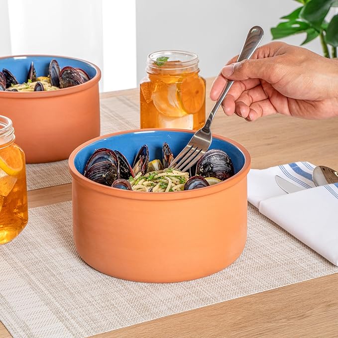 Restaurantware-Terra Tek 68 Ounce Terracotta Cazuelas, 2 Blue Glazed Clay Pots For Cooking - Oven-Ready, Microwavable, Terracotta Serving Pots, Dishwashable, For Cooking And Serving