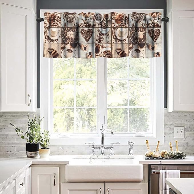 Coffee Kitchen Valance, Vintage Brown Coffee Beans Cups Heart Short Window Treatment for Cafe Kitchen Bedroom Living Room, 54x18Inch