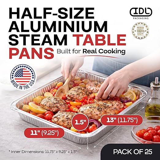 IDL Packaging Half-Size Aluminum Steam Table Pans - Shallow, 13" x 11" x 1.5" (pack of 25) - Disposable Foil Pan for Grilling, Roasting, BBQ, Cooking, Baking, Freezing