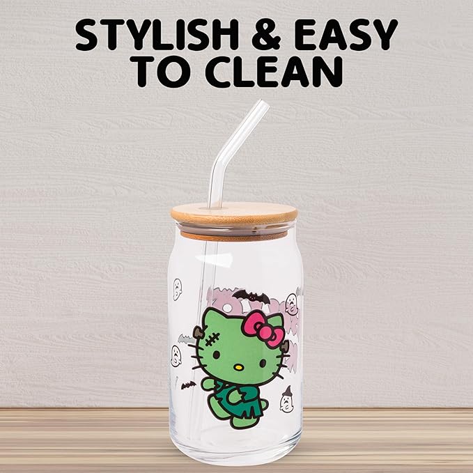 Silver Buffalo Sanrio Hello Kitty Halloween Spooky Frankenstein Glass Jar Tumbler with Bamboo Lid and Glass Straw, 16 ounces