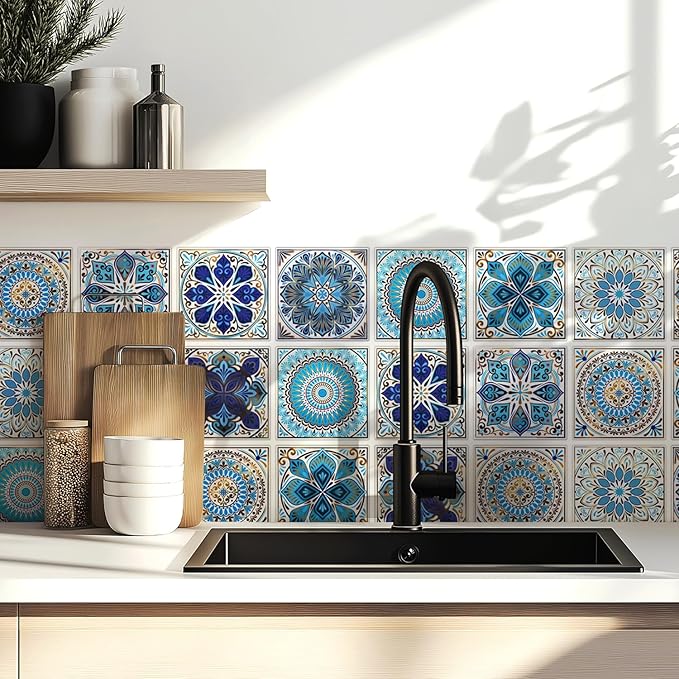 30 Pack, 4x4 Inch Moroccan Vinyl Decals, Blue and Gold Boho Mandala Peel and Stick Wall Stickers for Kitchen, Bathroom, Stairs & Furniture