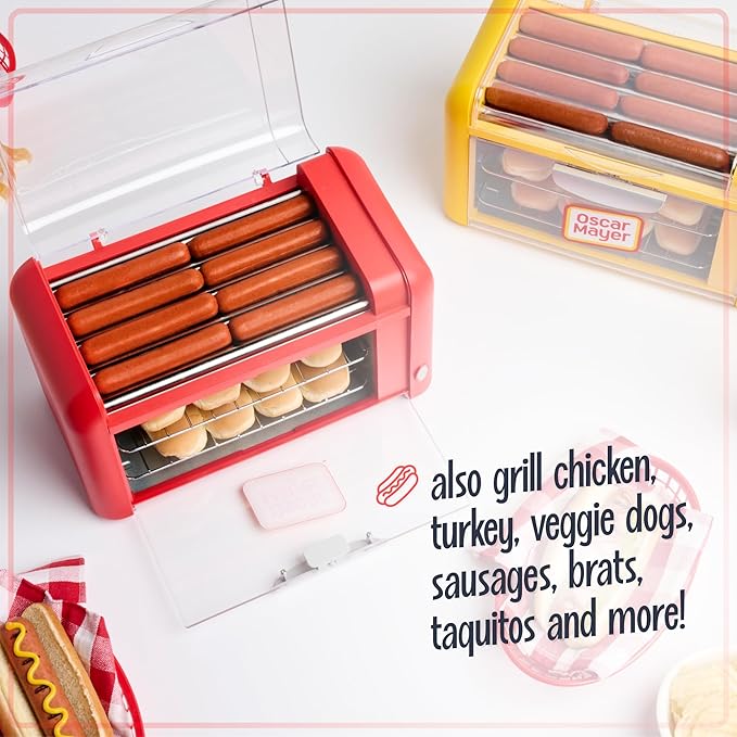 Nostalgia Oscar Mayer Extra Large 8 Hot Dog Roller & Bun Toaster Oven- Stainless Steel Grill Rollers for Cooking Veggie Sausages & Brats- Multi-Use Warming Oven with Adjustable Timer for Parties - Red