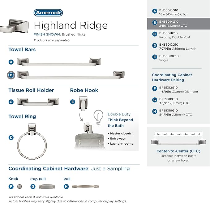 Amerock BH36014G10 | Brushed Nickel Towel Bar | 24 in (610 mm) Towel Rack | Highland Ridge | Bathroom Towel Holder | Bathroom Hardware | Bath Accessories