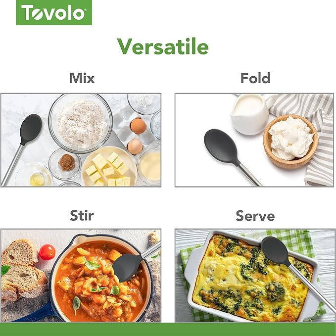 Tovolo Mixing Spoon Stainless Steel Handle Scratch Resistant Non Stick Safe Kitchen Utensil for Cooking Baking Serving Stirring, Heat Resistant Silicone Stirring Spoon with Metal Handle Black