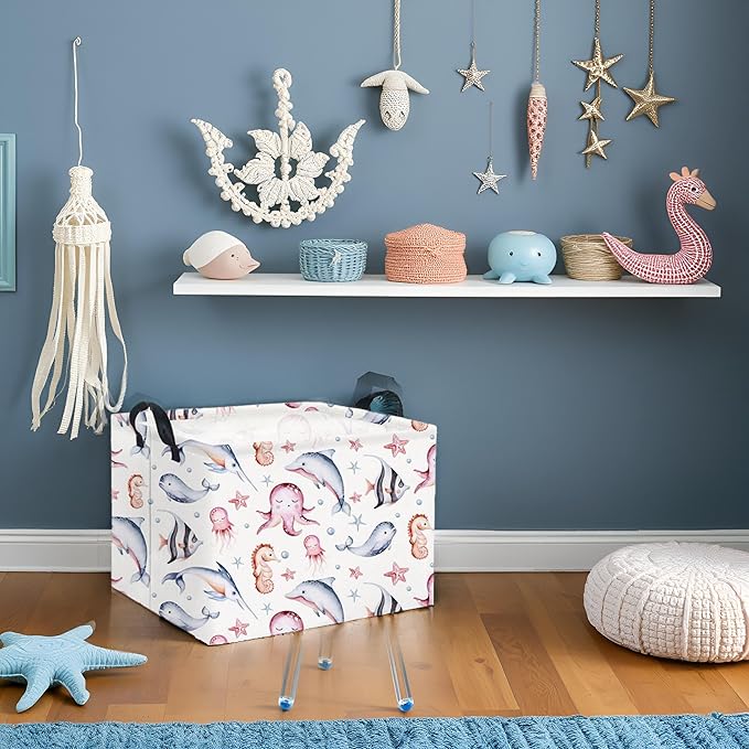 HIYAGON Rectangular Ocean Basket for Kids Baby Basket for Boys and Girls Cute Toy Storage Organizer Bin Box Sea Fishes Room Decor(Sea Fishes)