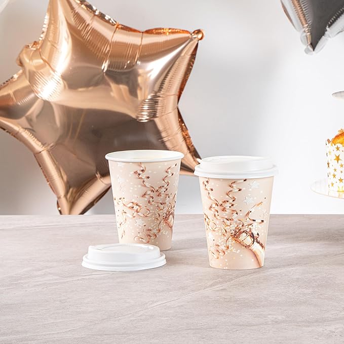 Restaurantware-Restpresso 12 Ounce New Year’s Eve Party Cups, 20 Hot Cups With Plastic Lids - Rolled Rim, Single Wall, Disposable Paper Coffee Cups, Sustainable, Serve Hot And Cold Drinks