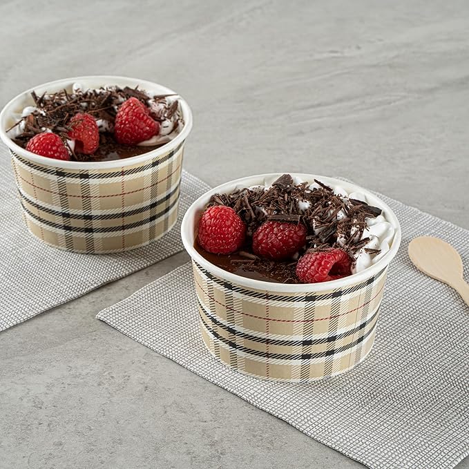 Restaurantware Coppetta 12 Ounce Dessert Cups, 50 Disposable Ice Cream Cups - Lids Sold Separately, Sturdy, Plaid Paper FroYo Bowls, For Hot And Cold Foods, Perfect For Gelato Or Mousse