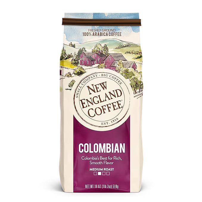 New England Coffee Colombian Medium Roast Ground Coffee, 18oz Bag (Pack of 1)