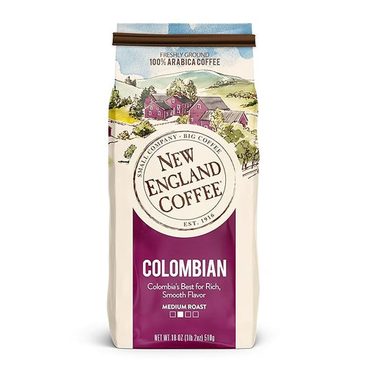 New England Coffee Colombian Medium Roast Ground Coffee, 18oz Bag (Pack of 1)