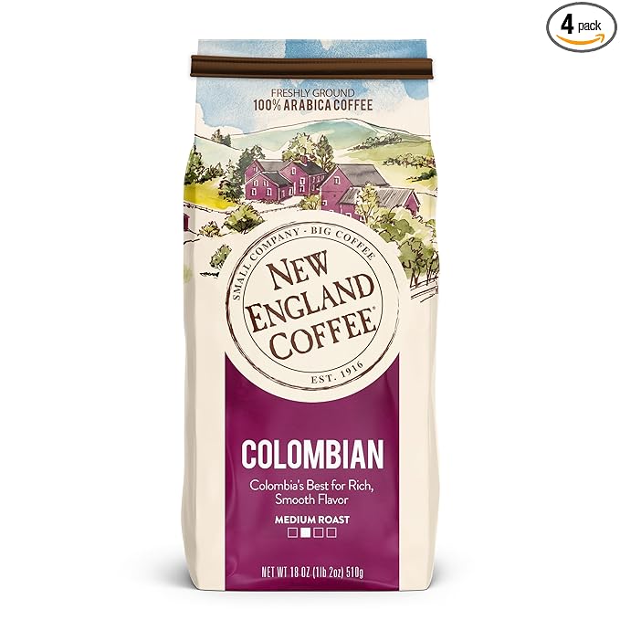 New England Coffee Colombian Medium Roast Ground Coffee, 18oz Bag (Pack of 4)