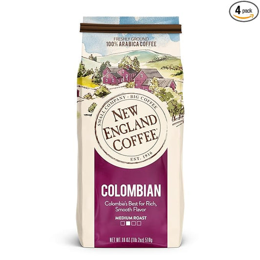 New England Coffee Colombian Medium Roast Ground Coffee, 18oz Bag (Pack of 4)