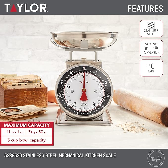 Taylor Mechanical Kitchen Food Scale with Bowl, Weighs Up to 11lbs, Measures in Grams and Ounces, Analog Cooking Scale for Baking, Black and Silver