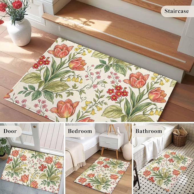 Area Rug 2x3ft, Vintage Tulips Red Daisies Washable Rugs for Living Room Bedroom, Yellow Blooms Floral Pattern Soft Non-Slip Area Rugs Rectangle Floor Carpet for Dining Room
