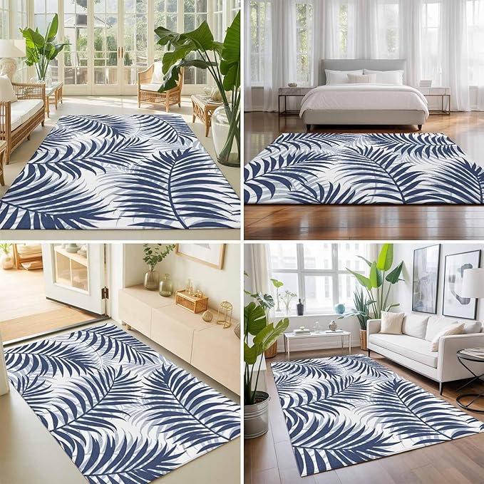 Area Rug 9x12ft, Abstract Navy Blue Palms Leaves Washable Rugs for Living Room Bedroom Rectangle Floor Carpet, Summer Botantical Soft Non-Slip Area Rugs for Dining Room