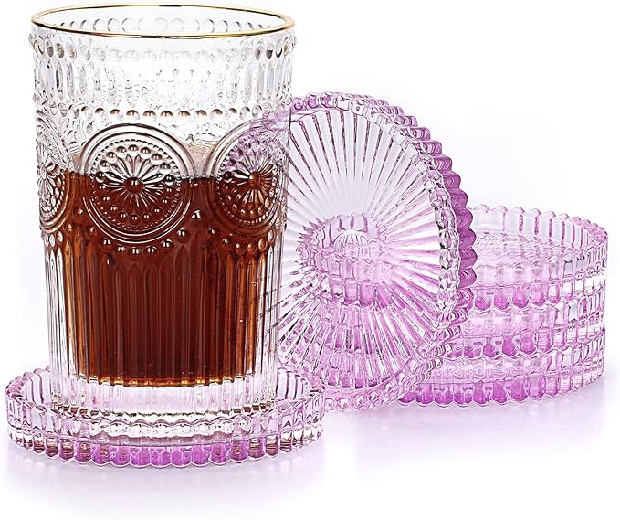 JUXYES 5 Pack Clear Purple Crystal Coasters Round Cup Mat, Glass Coasters for Drinks Coffee Tea Wine, Decorative Wine Bottle Coaster, Crystal Drink Coasters for Restaurant bar Kitchen Dining Table