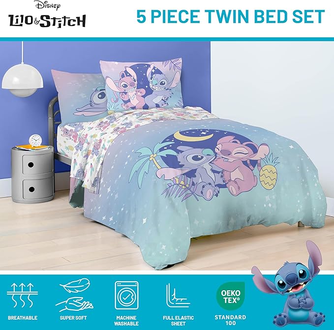 Jay Franco Disney Lilo and Stitch Twin Size Comforter Set - 5 Piece Floral Bedding Includes Sheet Set & Pillow Covers Features Angel - Super Soft Purple & Teal Stars Kids Bedding