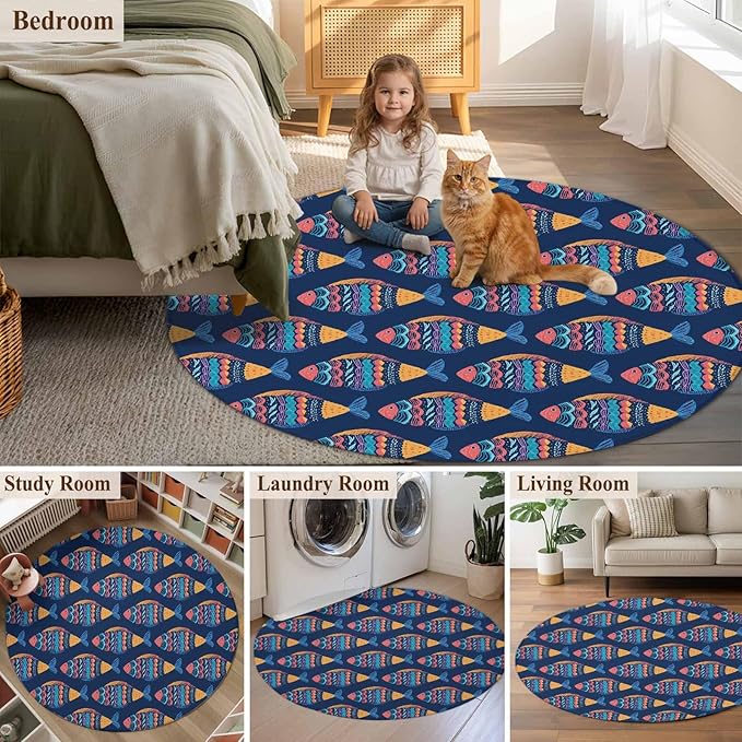 Washable Round Area Rug Ethnic Style Ocean Fish Circle Rugs Floor Carpet for Living Room Bedroom, Watercolor Marine Life on Navy Blue Soft Non Slip Round Rug 5ft