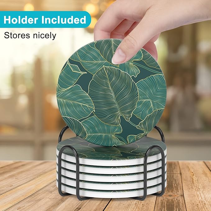 Nipichsha Coasters for Drinks, Set of 6 Cute Absorbent Ceramic Drink Coasters for Cup with Holder and Cork Base, Kitchen Home Decor Housewarming Gift, Round 4 in, Tropical Leaves