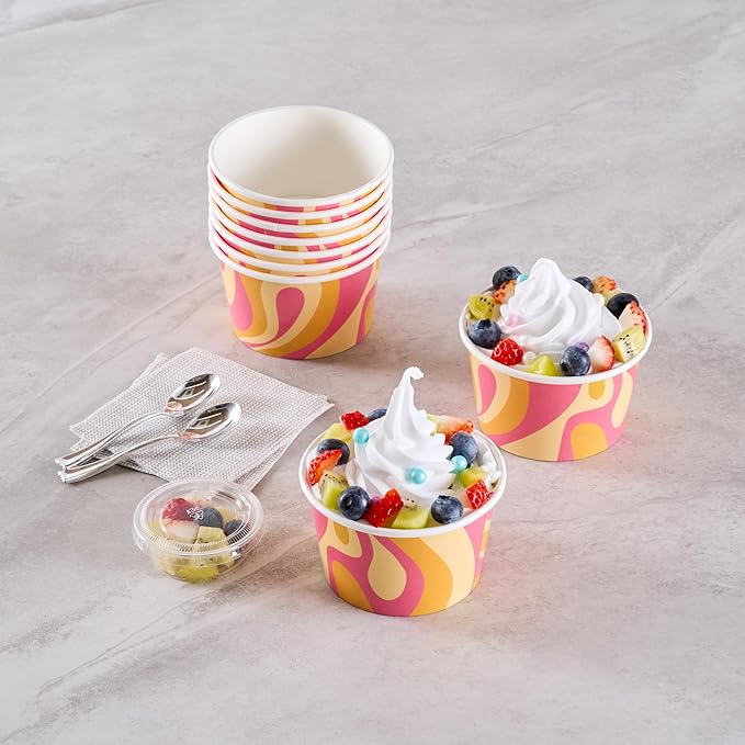 Coppetta 8 Ounce Dessert Cups, 50 Greaseproof Ice Cream Cups - Lids Sold Separately, For Hot And Cold Foods, Tropical Twist Paper Yogurt Bowls, Disposable, Sturdy - Restaurantware