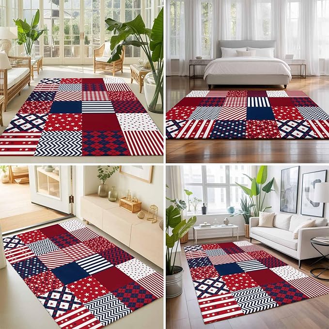Area Rug 4x6ft, Abstract Splicing Stars Stripes Washable Rugs for Living Room Bedroom, Independence Day Red Blue White Soft Non-Slip Area Rugs Rectangle Floor Carpet for Dining Room