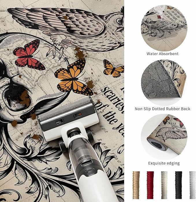 Area Rug 2x3ft, Halloween Skull Owls on Vintage Washable Rugs for Living Room Bedroom, Retro Butterflies Flower Soft Non-Slip Area Rugs Rectangle Floor Carpet for Dining Room