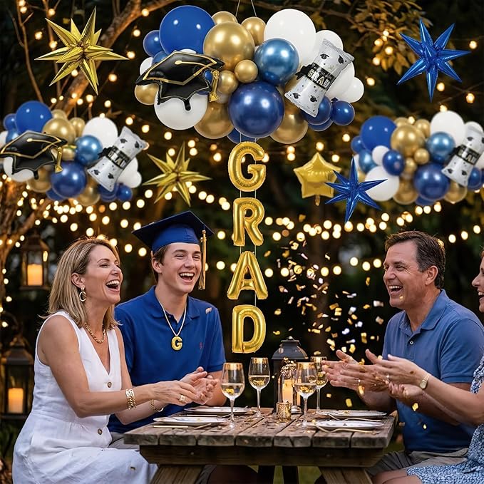 146PCS Graduation Decorations Class of 2026-Blue and Gold Balloon Arch Kit, 3D Explosive Star Foil Balloons, GRAD Letter Balloons, Graduation Cap & Diploma Foil for Congrats Grad Party Supplies