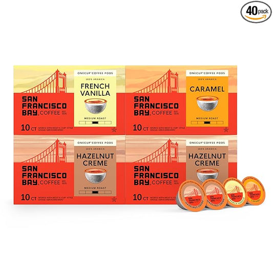San Francisco Bay K-Cup Coffee Pods Flavored Variety Pack (40 ct), Includes Hazelnut Crème, Caramel, & French Vanilla, Commercially Compostable Single-Serve Flavored Coffee Pods