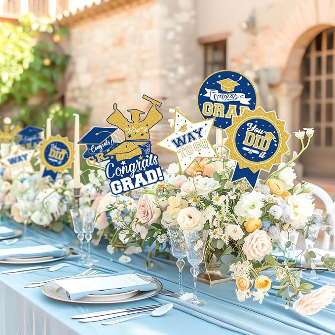 2026 Graduation Party Decorations - 24 Pcs Class of 2026 Congrats Grad Table Centerpieces Graduation Table Decorations Sticks Table Toppers for Graduation Party (Blue Gold)