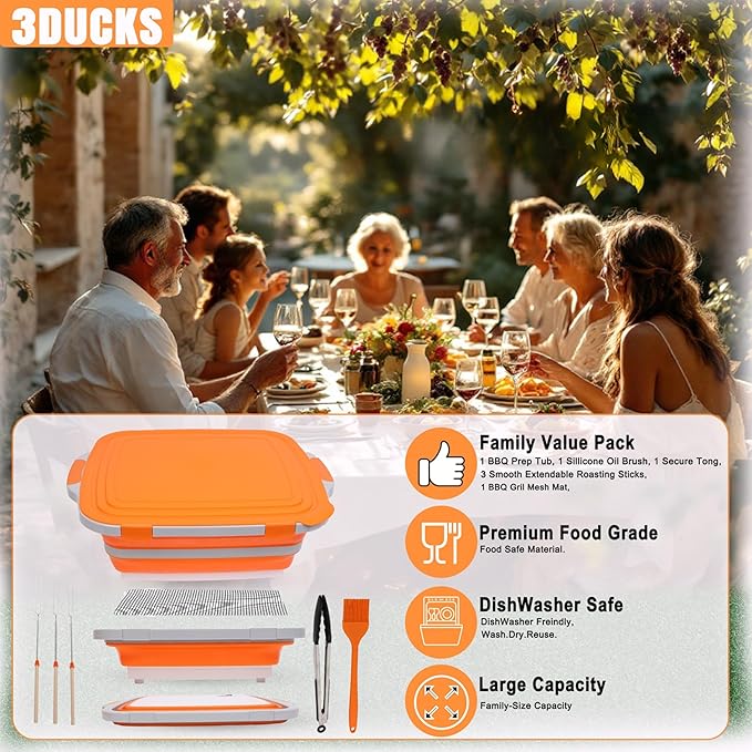 Ducks Collapsible BBQ Prep Tub 16L Orange | Portable Meat Marinating Container with Locking Cutting Board Lid, BBQ Tongs, Grill Mesh, Silicone Brush & 3 Roasting Sticks for Camping & Outdoor Grilling