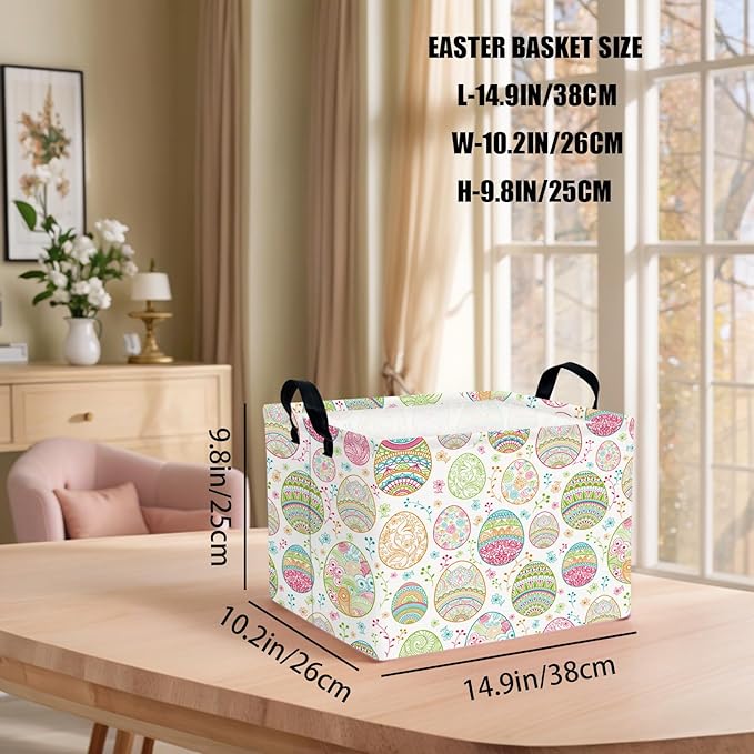 Kid Large Empty Easter Basket Gift Personalized Fabric Bunny Easter Basket for Boy and Girl Room Decor Storage Bin (Retro Easter Egg Flower)