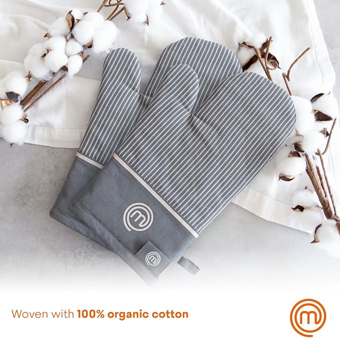MasterChef Oven Mitts Heat Resistant, Set of 2 Baking Gloves, Machine Washable Cotton Kitchen Mittens for Stove Cooking & BBQ Grilling, Hot Proof Pot Holders, One Size Fits All, Earth Grey